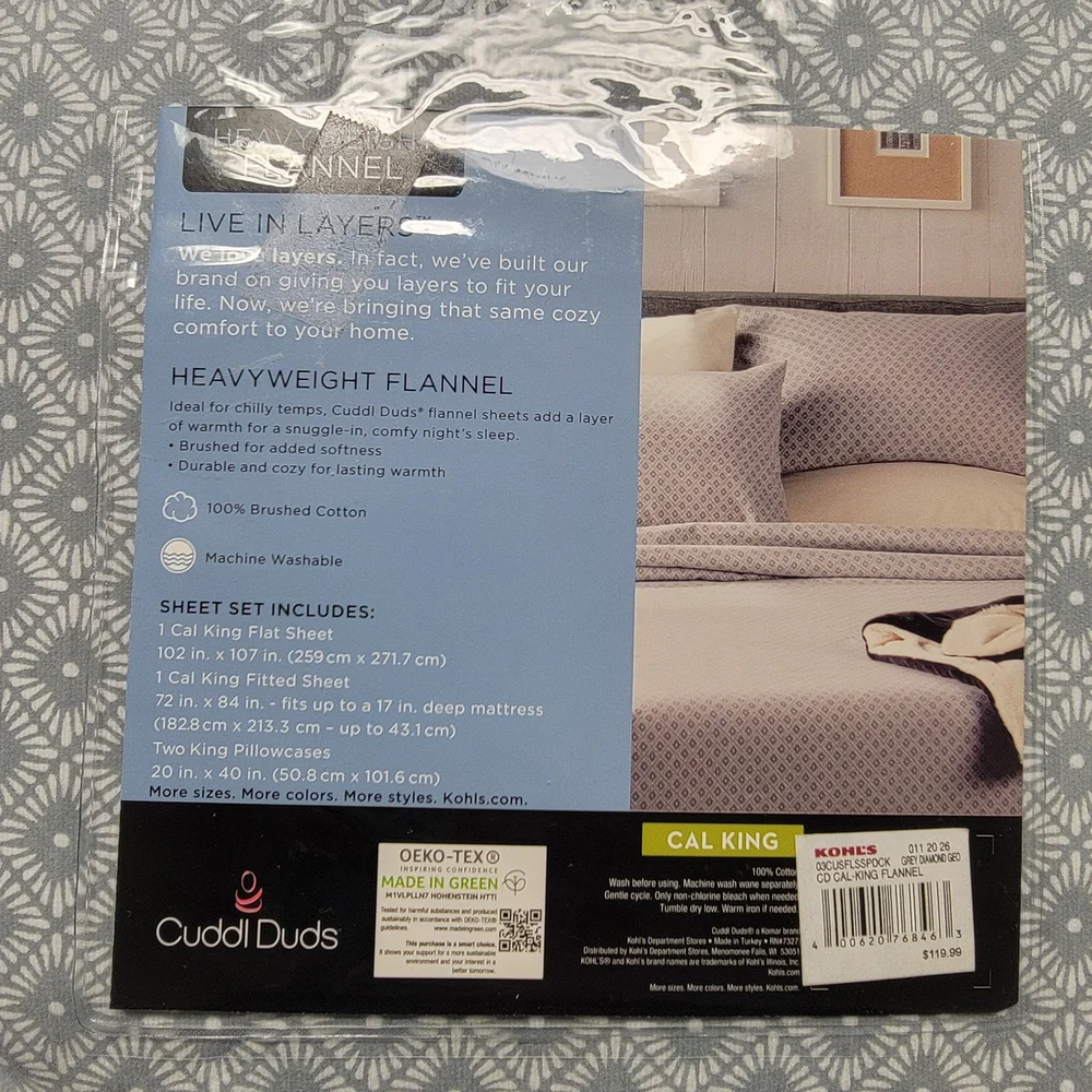 NWT Cuddl Duds Heavyweight Flannel Sheet Set Cal King Grey Diamond Geo